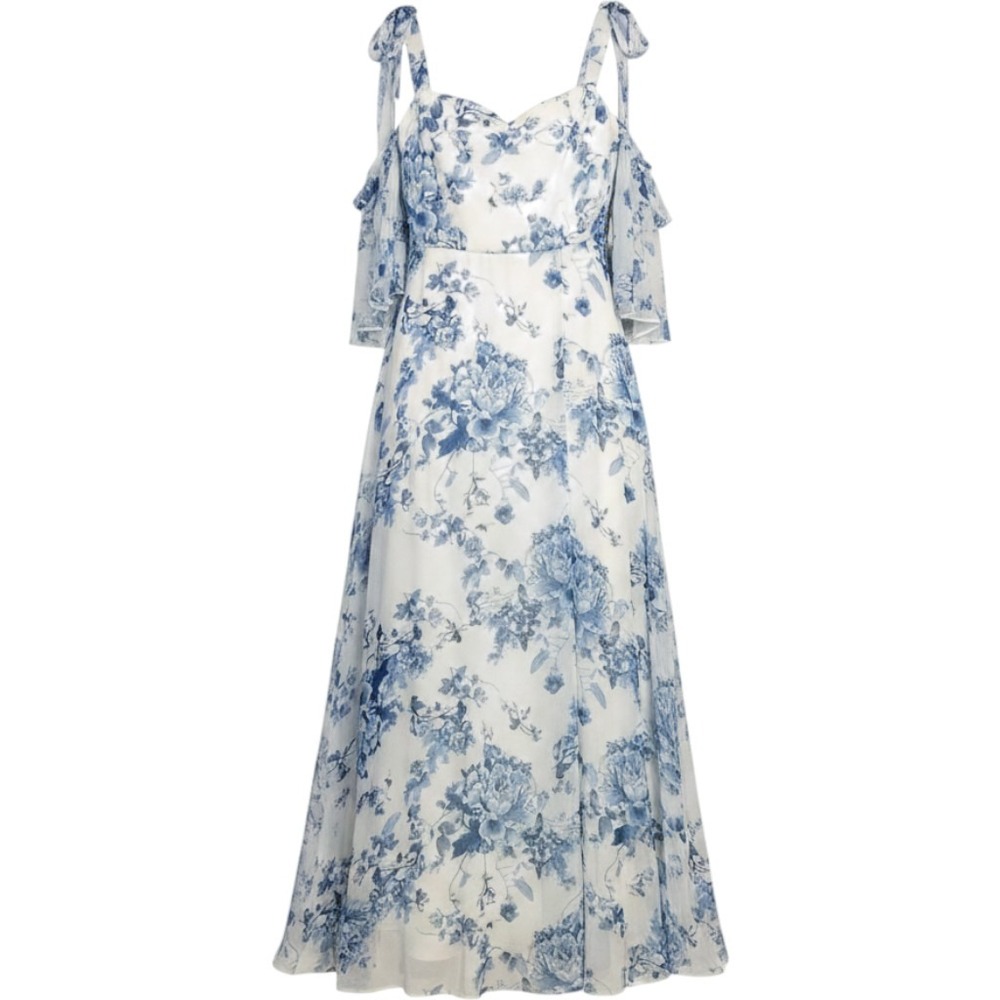 Thread Floral Maxi Dress Blue White Bow Tie Strap Sz 14 Cottagecore Coquette